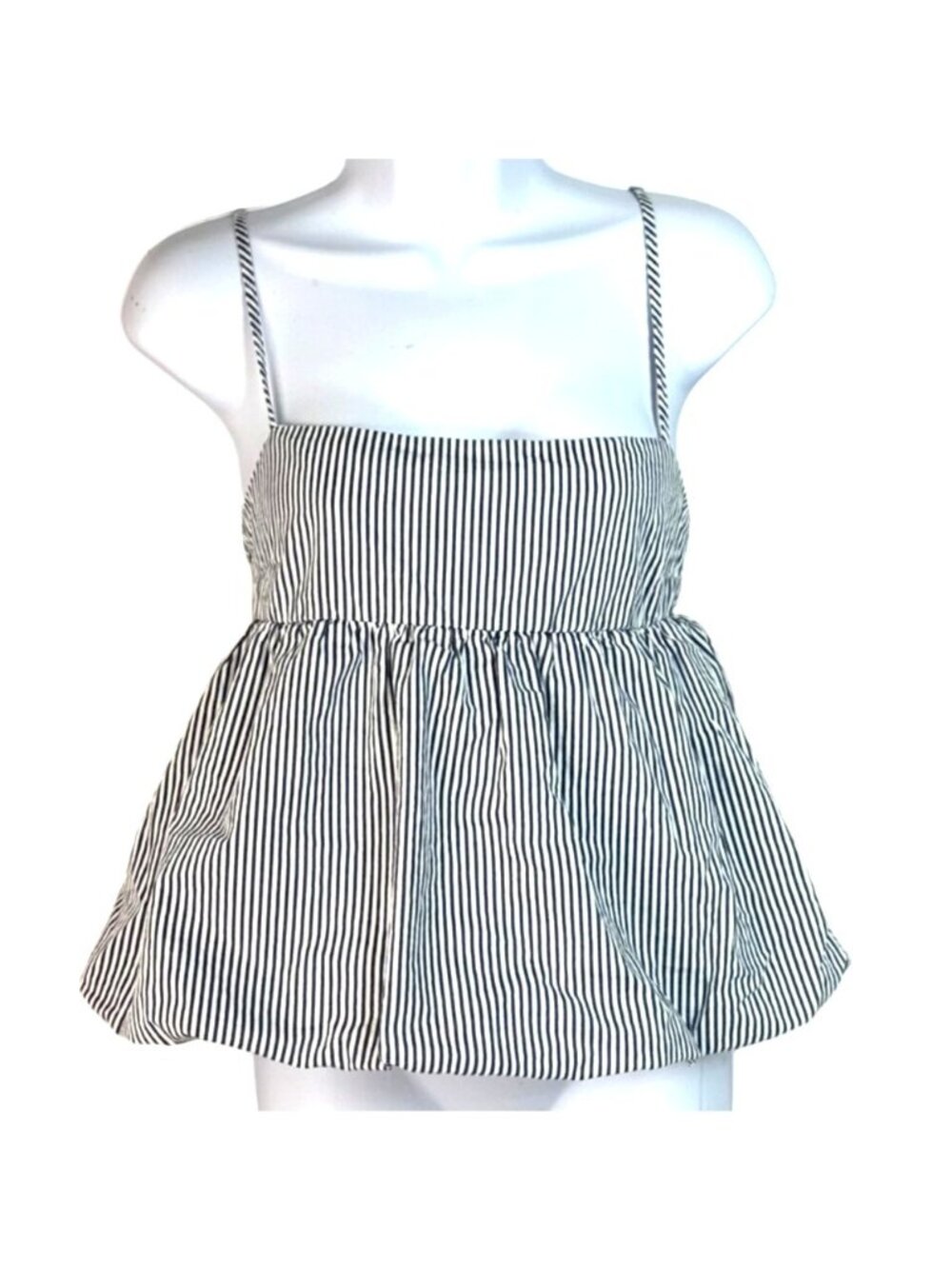 Derek Heart White Navy Striped Poplin Bubble Babydoll Peplum Tank Top Size M